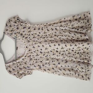 Free People Ditzy Yellow Blue Floral Print Crochet Back Bohol Shirt Top S box16